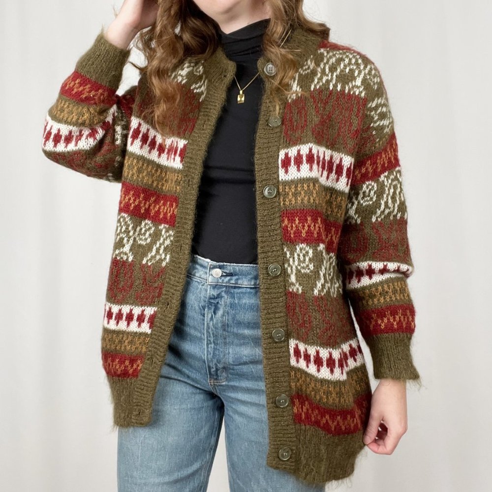 Vintage Oversized Mohair Wool Nordic Fair Isle Knit Christmas Cardigan Sweater - Picture 2 of 8